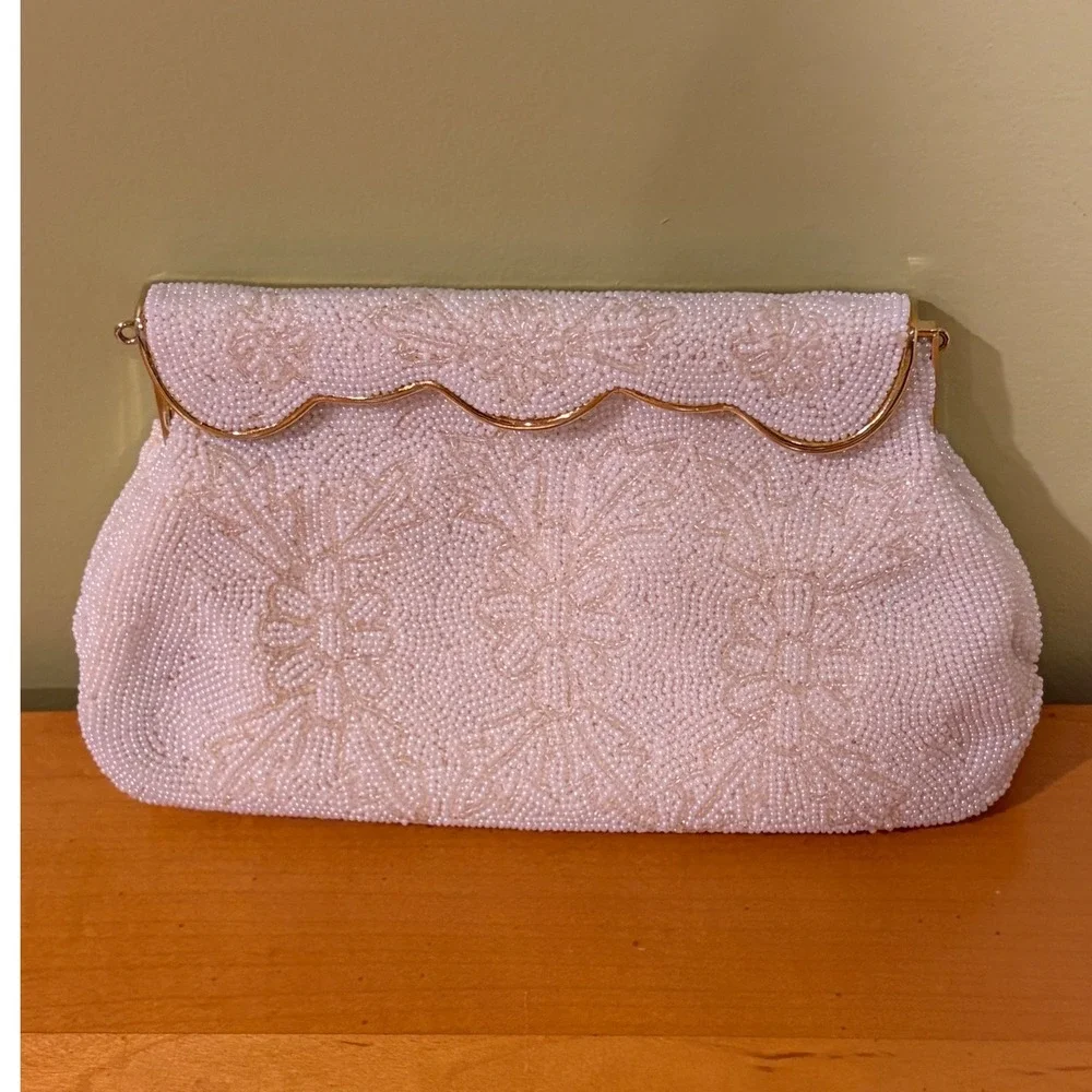Sharonee Vintage Beaded Clutch Bag Hand Made in Japan Cream Floral Scalloped